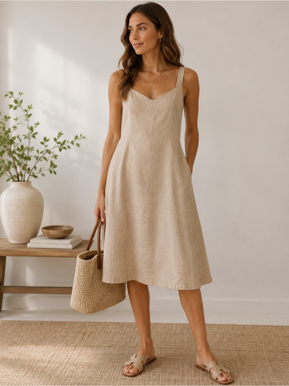 Sleeveless V-Neck Linen Midi Dress in Beige